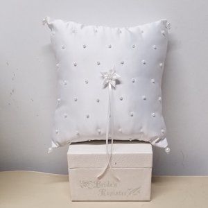 Ring Bearer White Pillow w/ Pearls & Bride's Register White, Silver Wedding Box